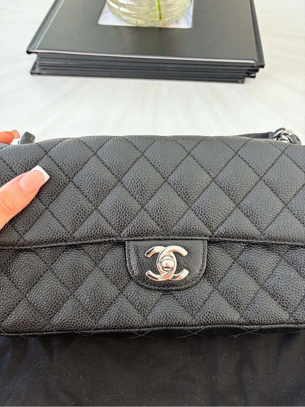 CHANEL Black Quilted Caviar Leather Shoulder Bag with Silver Hardware